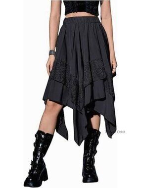 Women's Renaissance Pirate Fairy Skirt Flow Midi A-Line High Low Lace Trim